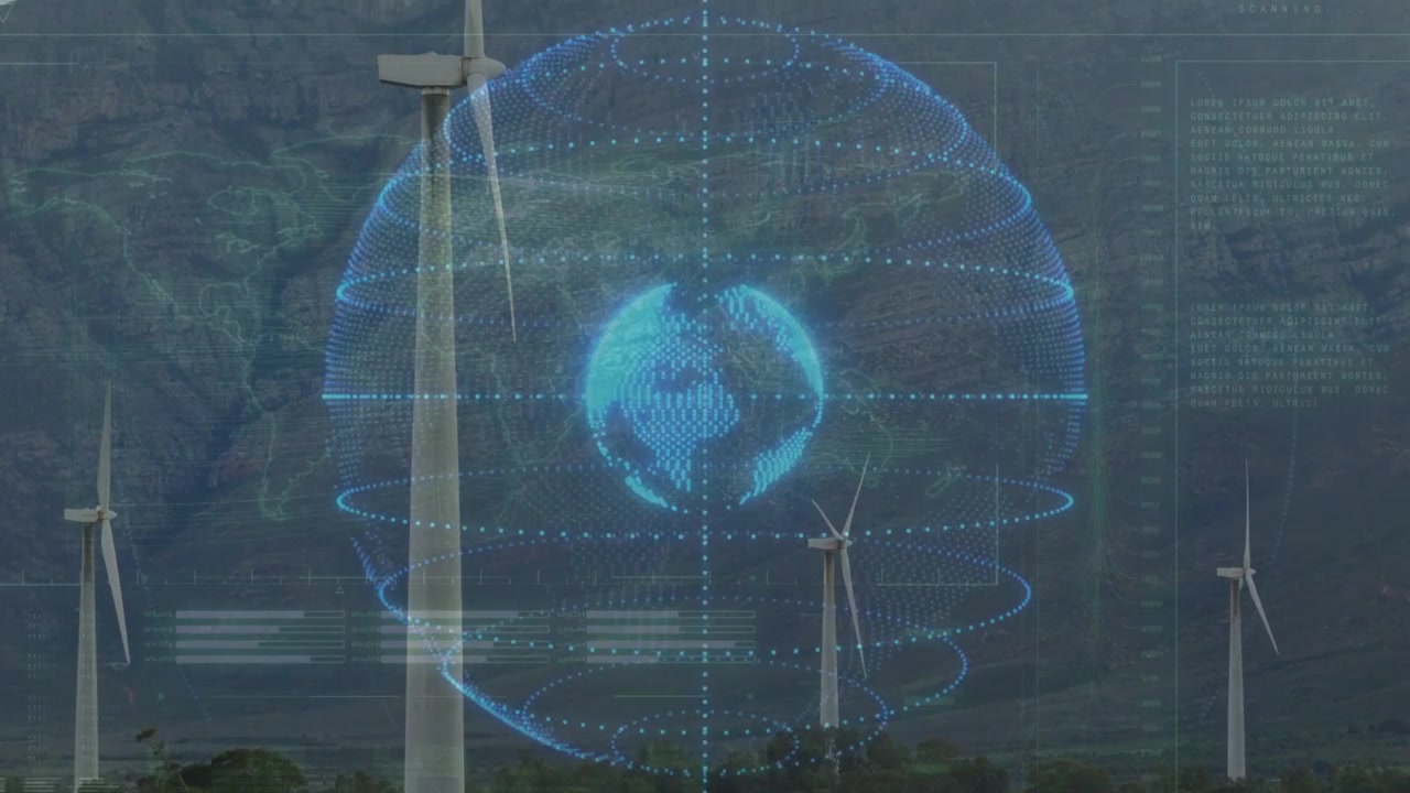 On data start blue globe appearing and rotating, rings shifting, HUD sliding to show wind energy