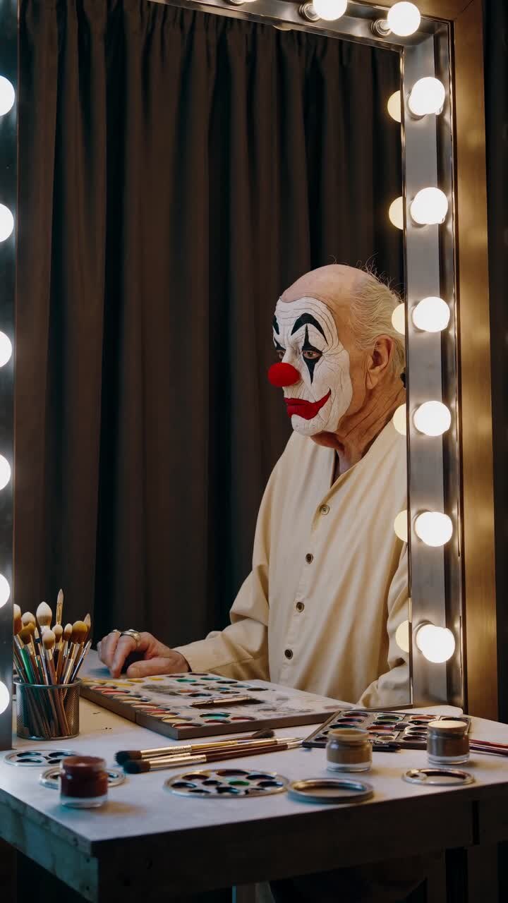 Un uomo anziano in costume da clown si prepara per uno spettacolo