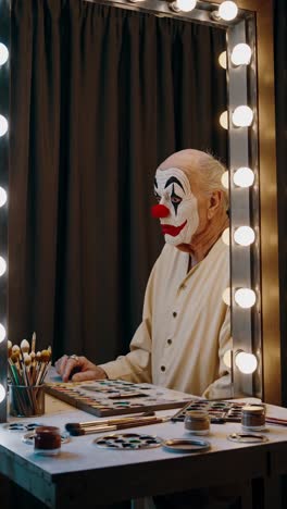 an older man in a clown costume prepares for a performance