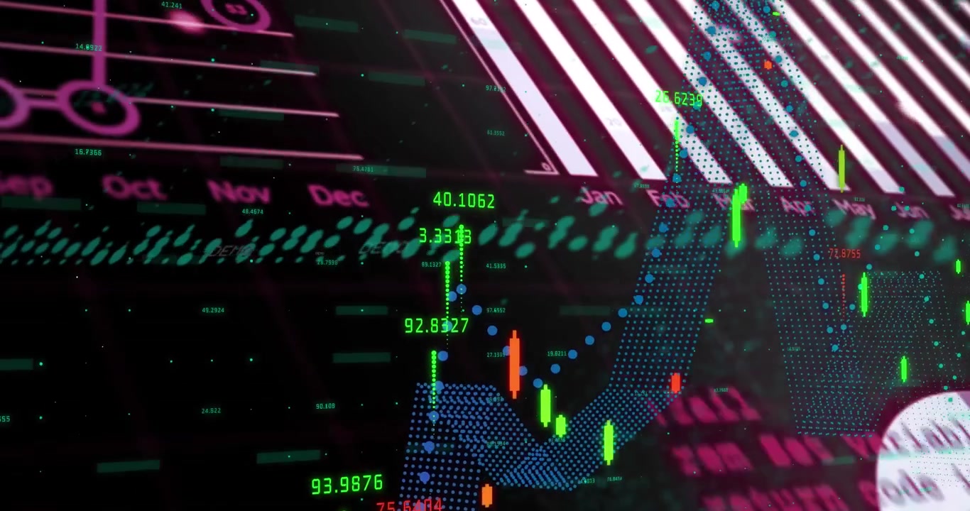 Animation of statistical and financial data processing against black background