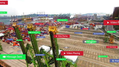 container port with cranes, social media notifications animation over shipping yard