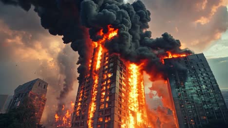 a tall building is engulfed by flames and smoke