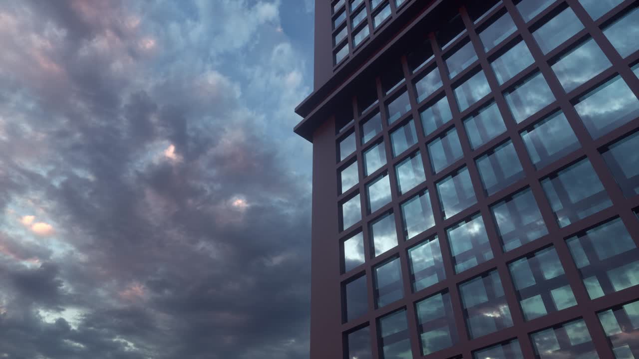 아름다운 추상적인 마천루 전면이 하늘의 반사와 함께 끊임없는 루프를 움직입니다.