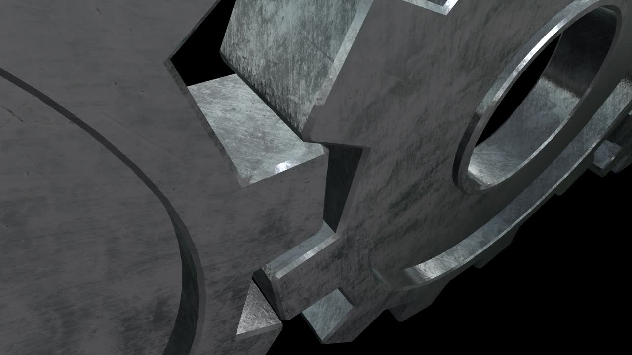 el antiguo mecanismo de los dos engranajes plateados. fondo negro. primer plano. canal alfa