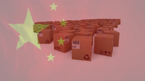 Animation-of-chinese-flag-waving-over-cardboard-boxes-in-background