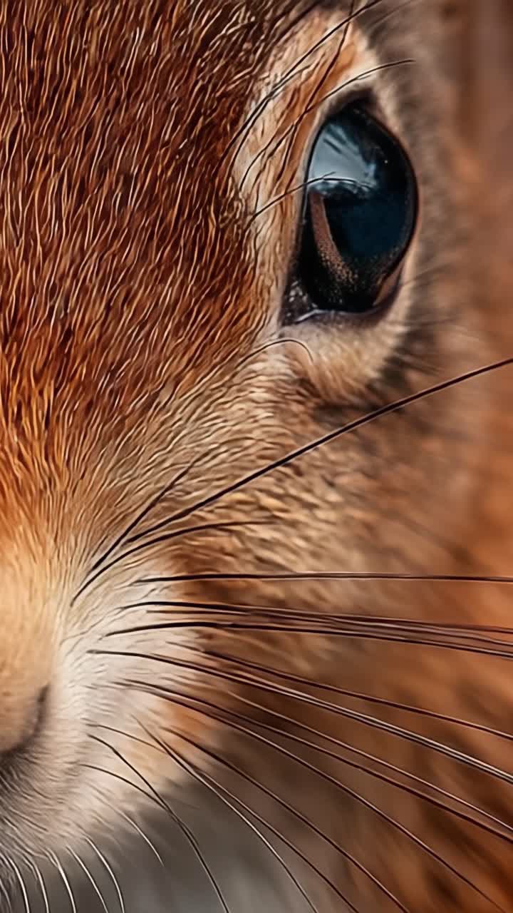 Una Vista Ravvicinata del Volto di uno Scoiattolo che Evidenzia la Sua Pelliccia Intricata, gli Occhi Brillanti e le Vibrisse, Catturando la Bellezza delle Piccole Creature della Natura in Dettaglio
