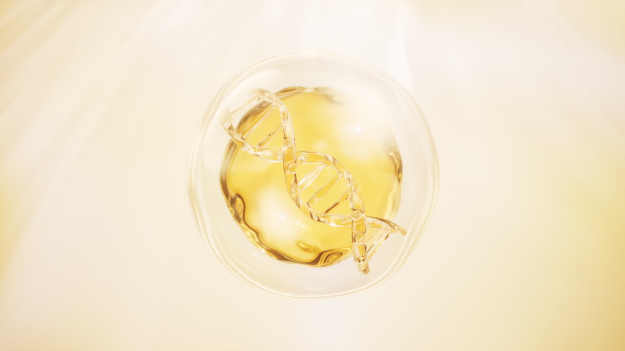 adn y burbuja líquida dorada, representación en 3d.