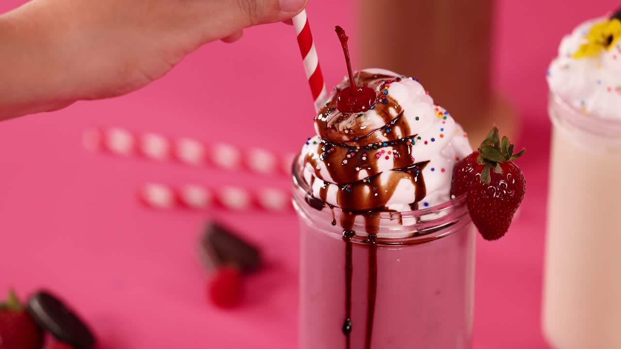 Hand stirs striped straw in strawberry milkshake topped with whipped cream, chocolate syrup, sprinkles