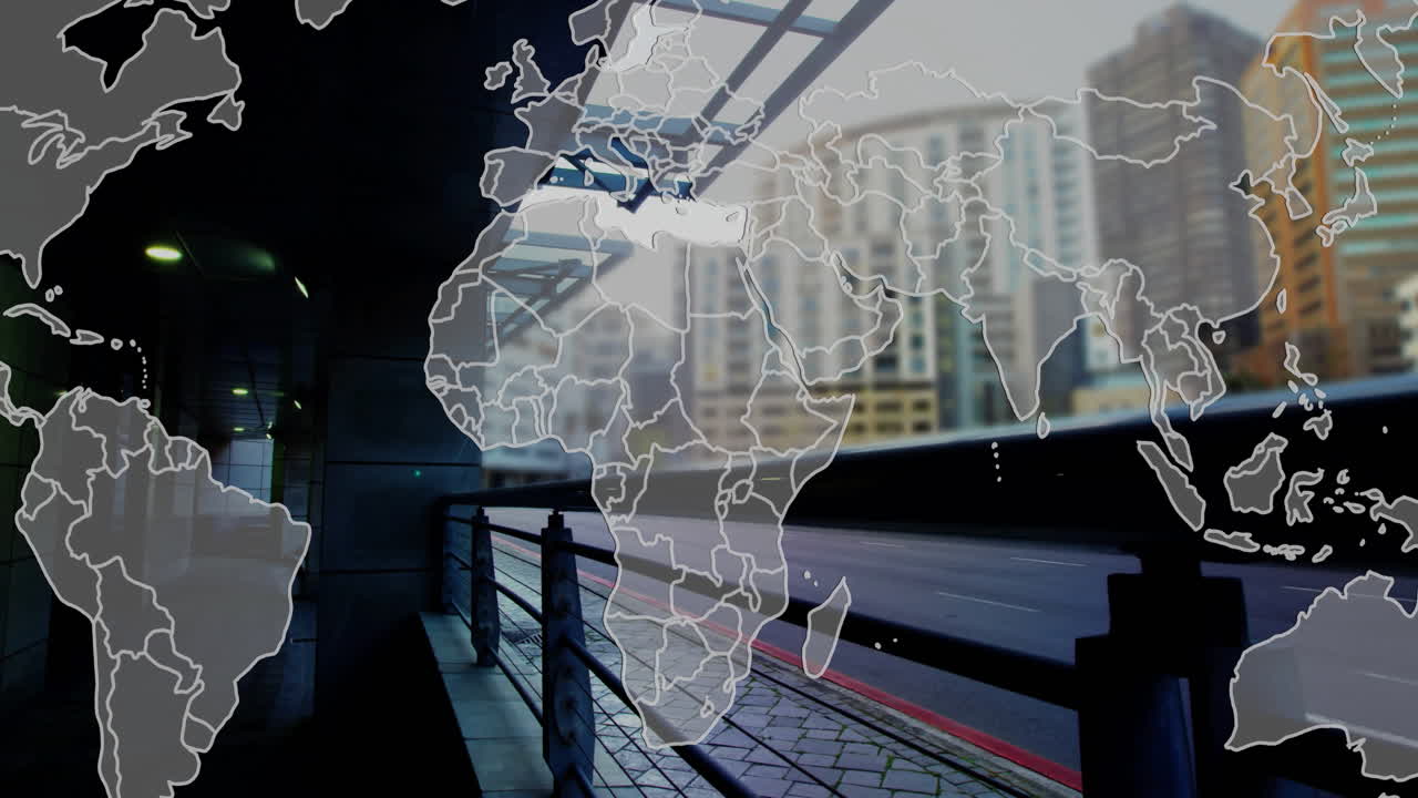 World map animation over urban cityscape with buildings and street