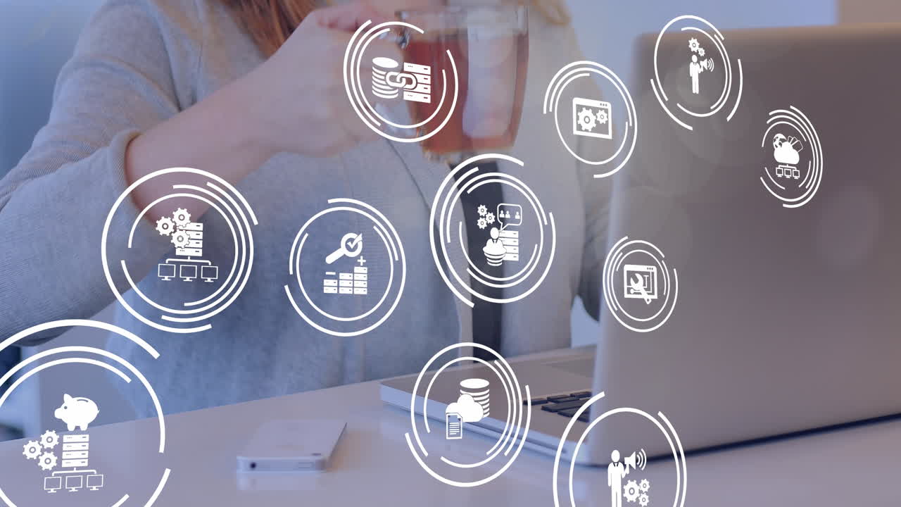 animación de una red de iconos sobre una mujer de negocios caucásica usando una computadora portátil