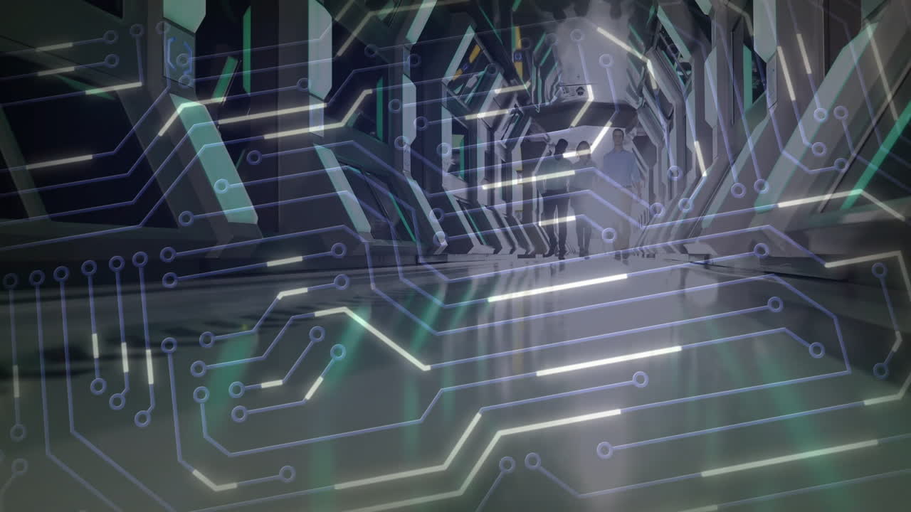 Animation of futuristic circuit board overlay on modern architectural structure