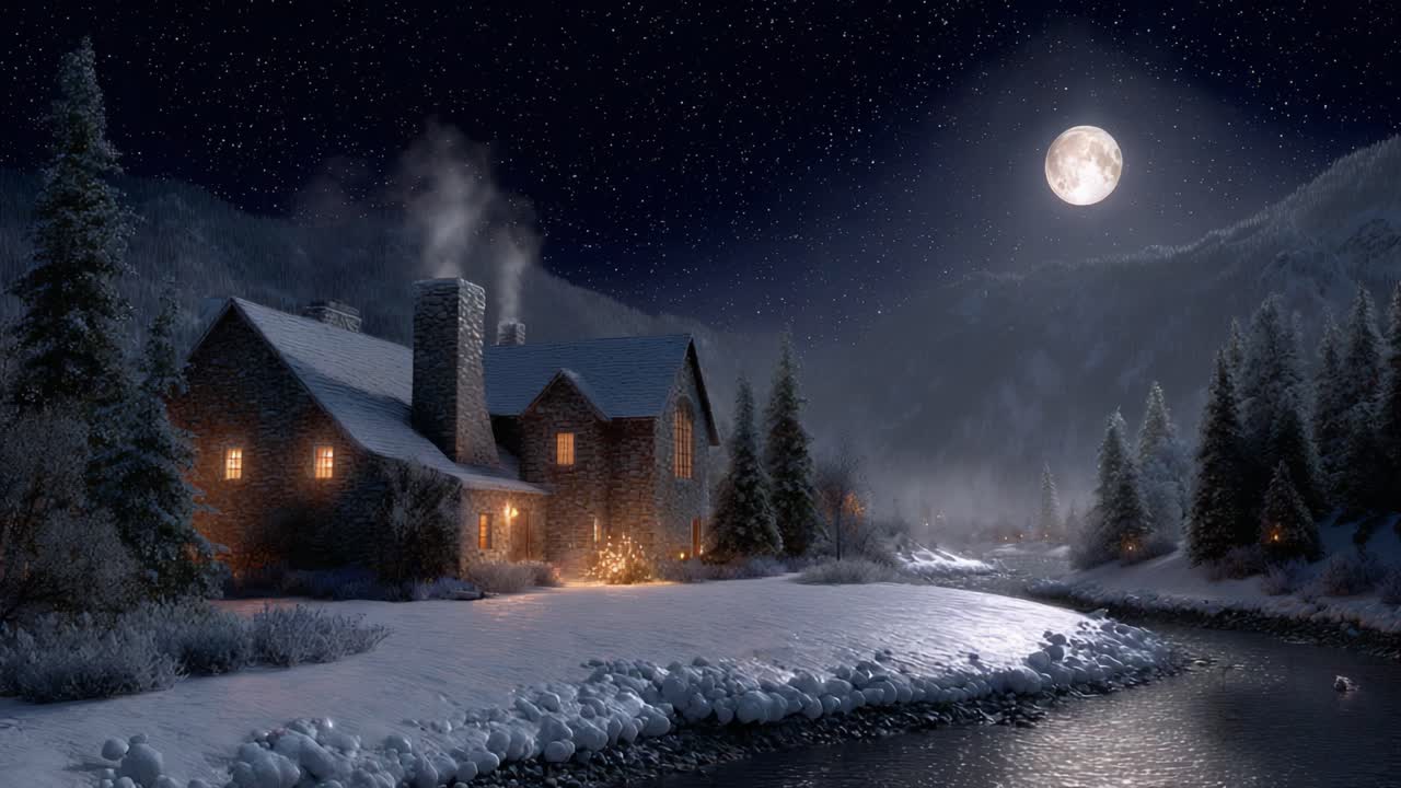 A Serene Winter Night Landscape Capturing a Snow-Covered Cottage, Moonlit Sky, and Reflective River Under Stars in a Tranquil Setting