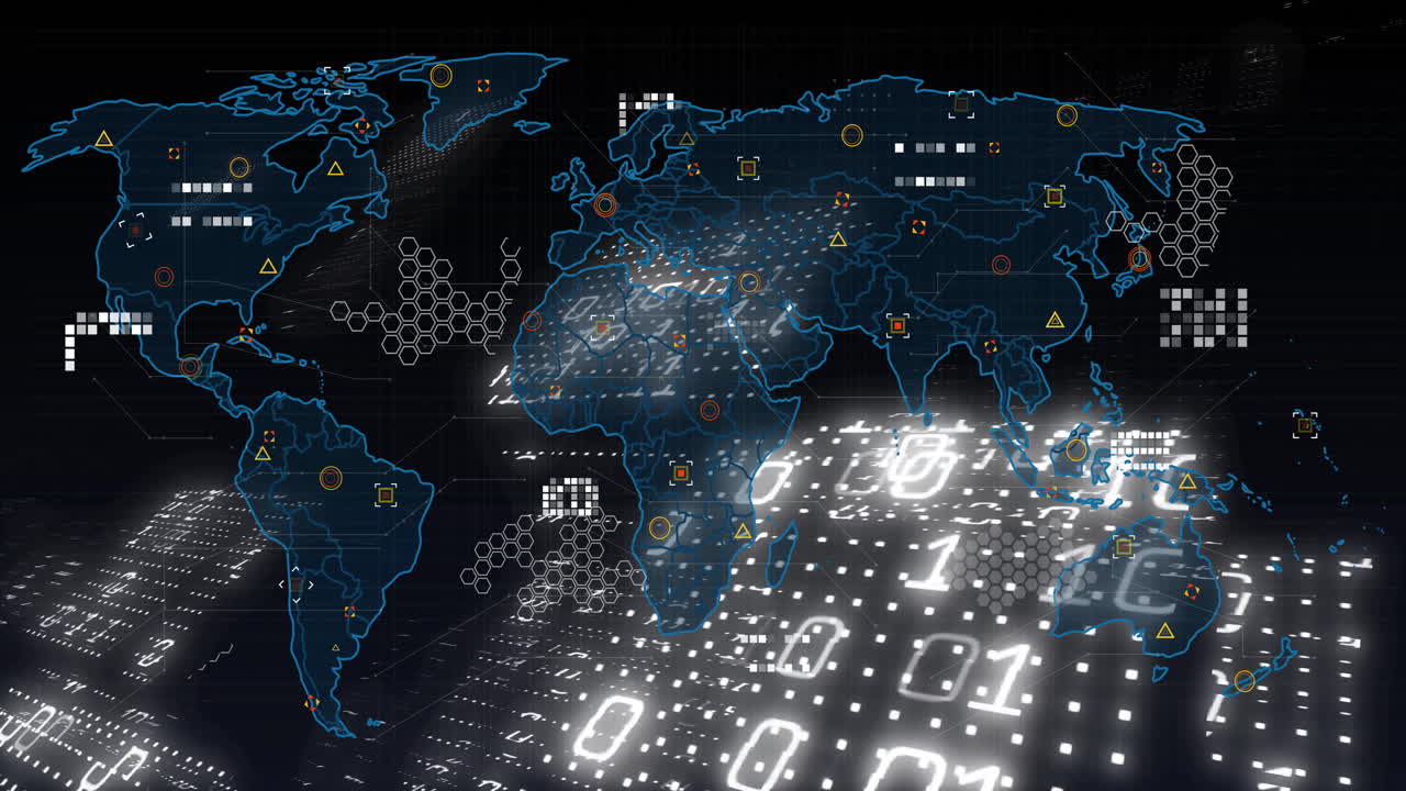 Binary code overlaying continents in animation of world map with digital data