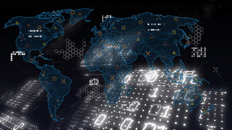 binary code overlaying continents in animation of world map with digital data