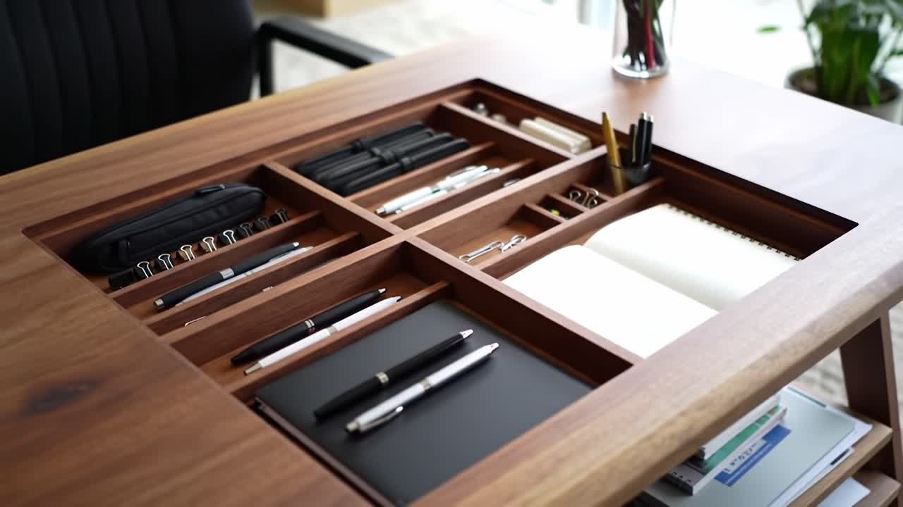 A Stylish Organizer on a Modern Desk: Discover the Elegance in the Neat Arrangement of Writing Instruments and Stationery for Productive Workspaces