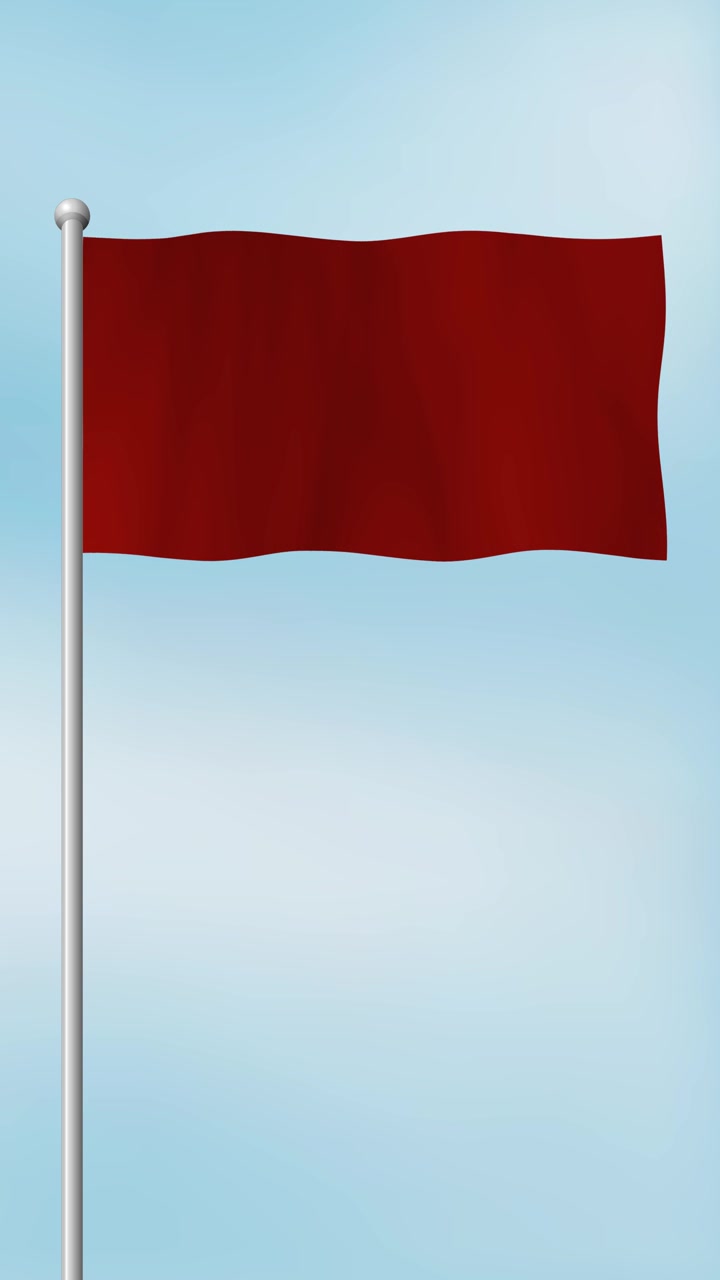 Bendera merah berkibar di tiang perak dengan latar langit biru cerah, orientasi vertikal, gerakan angin yang lembut