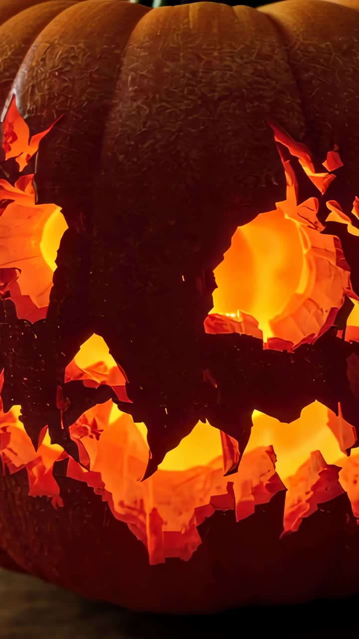 Vertical video: Internal light pulsing across carved pumpkin creating shadows on wooden tabletop