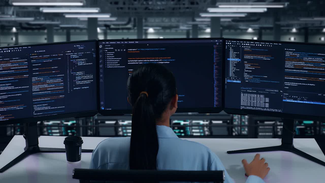 vista trasera de una desarrolladora asiática que usa una computadora para escribir código con múltiples pantallas en un centro de datos