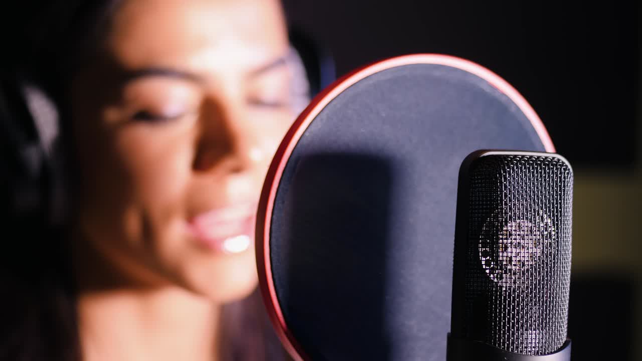 Young beautiful brunette woman recording voice, song or album in professional studio. Girl sings near microphone in recording room under natural light. Slow motion