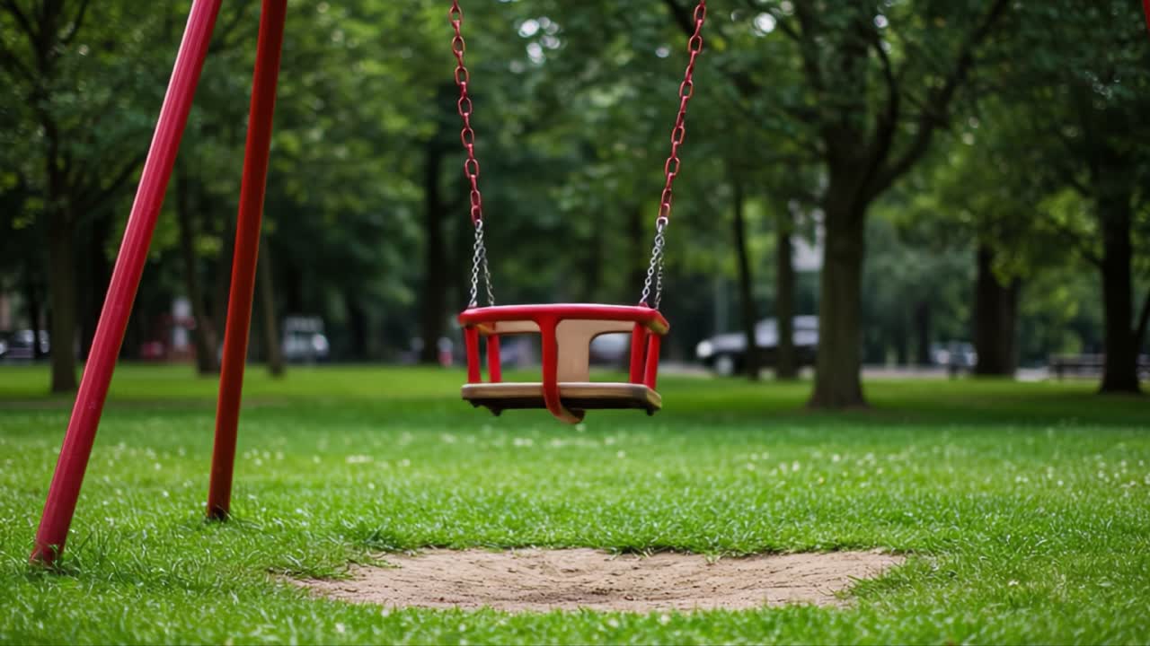 A tranquil playground scene featuring a red swing set against a backdrop of lush green grass and beautiful trees, evoking a sense of childhood nostalgia and outdoor joy
