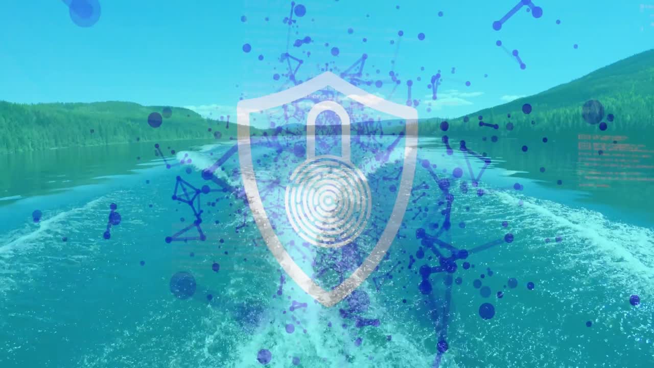 Boat wake driving shield with lock fading, particles radiating, forming nodes, visualizing security