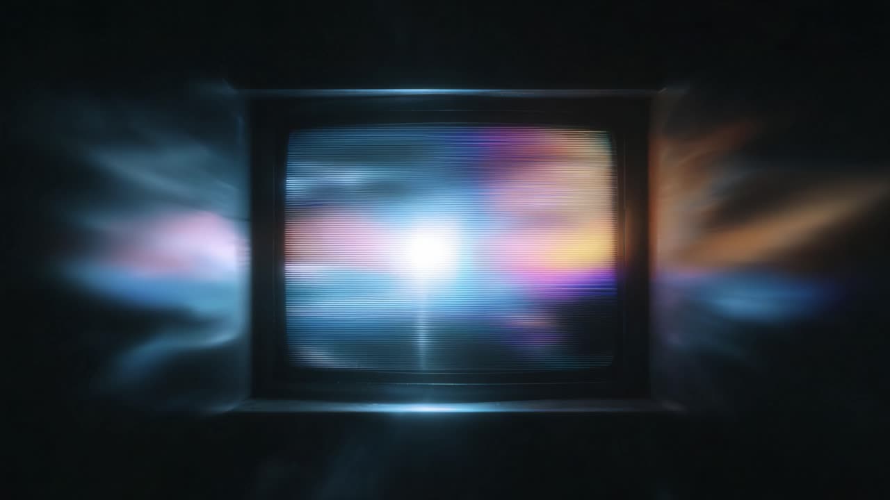 Dynamische Reflexion von Licht und Farbe in einem alten CRT-Fernsehbildschirm, festgehalten in einer Videosequenz, die lebendige visuelle Elemente und Effekte zeigt