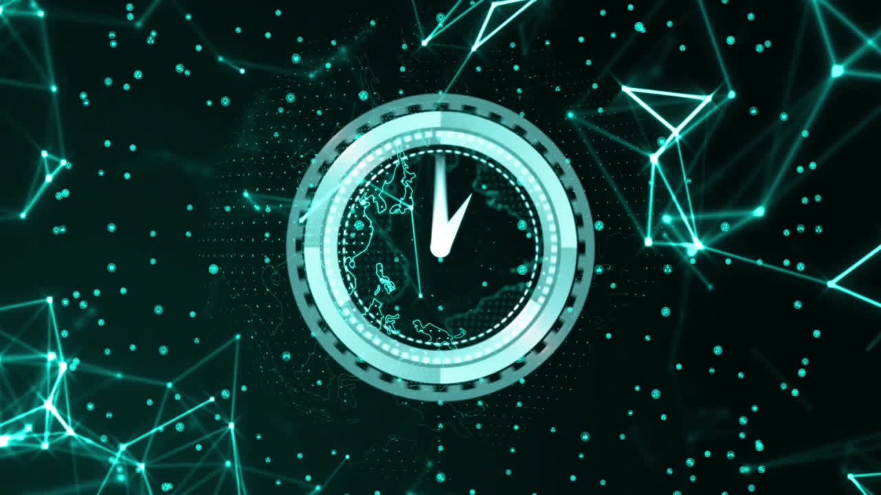 Clock animation overlaying digital network connections and data points