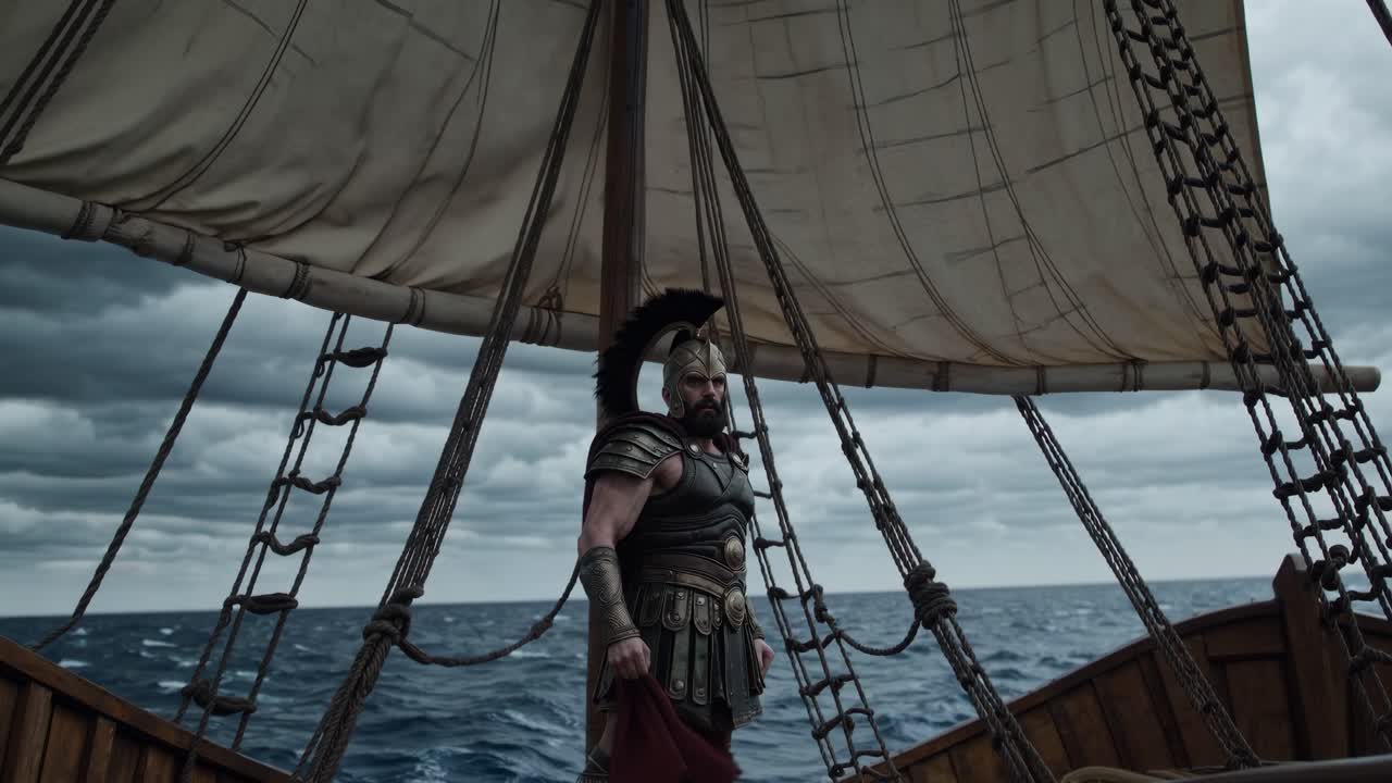 Epic video scene of a warrior on a ship, captured from a low angle