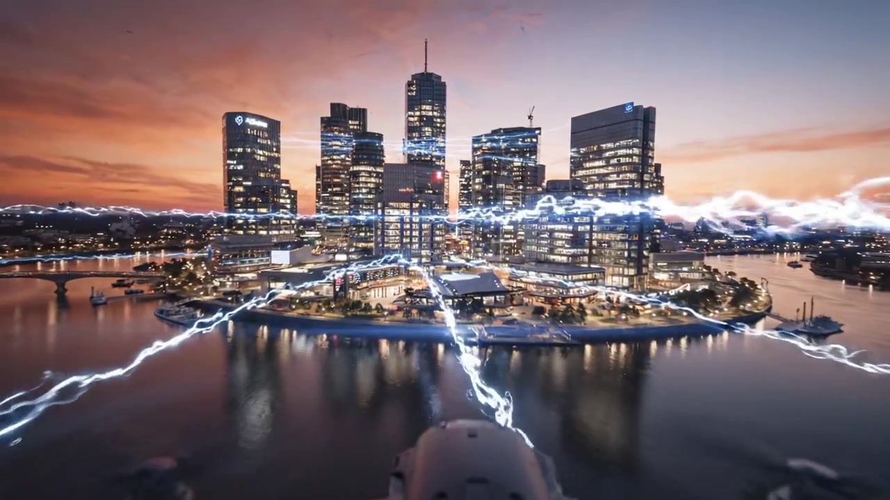 Stunning Urban Skyline at Sunset Featuring Modern Architecture and Reflective Water with Dynamic Energy Flowing Through the Cityscape in an Evening Scene