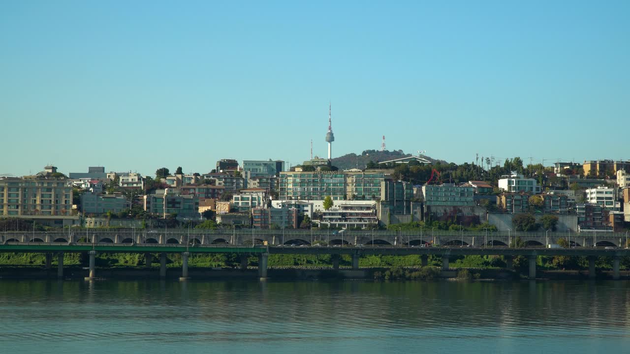 Panoramic landscape of Han River and the Yongsan District of Seoul South Korea featuring the Namsan Tower on clean blue sky in South Korea