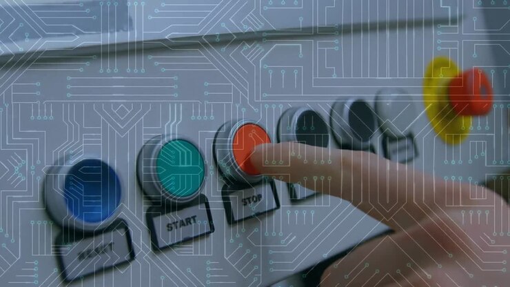 Animation of computer circuit board over caucasian man pressing stop button