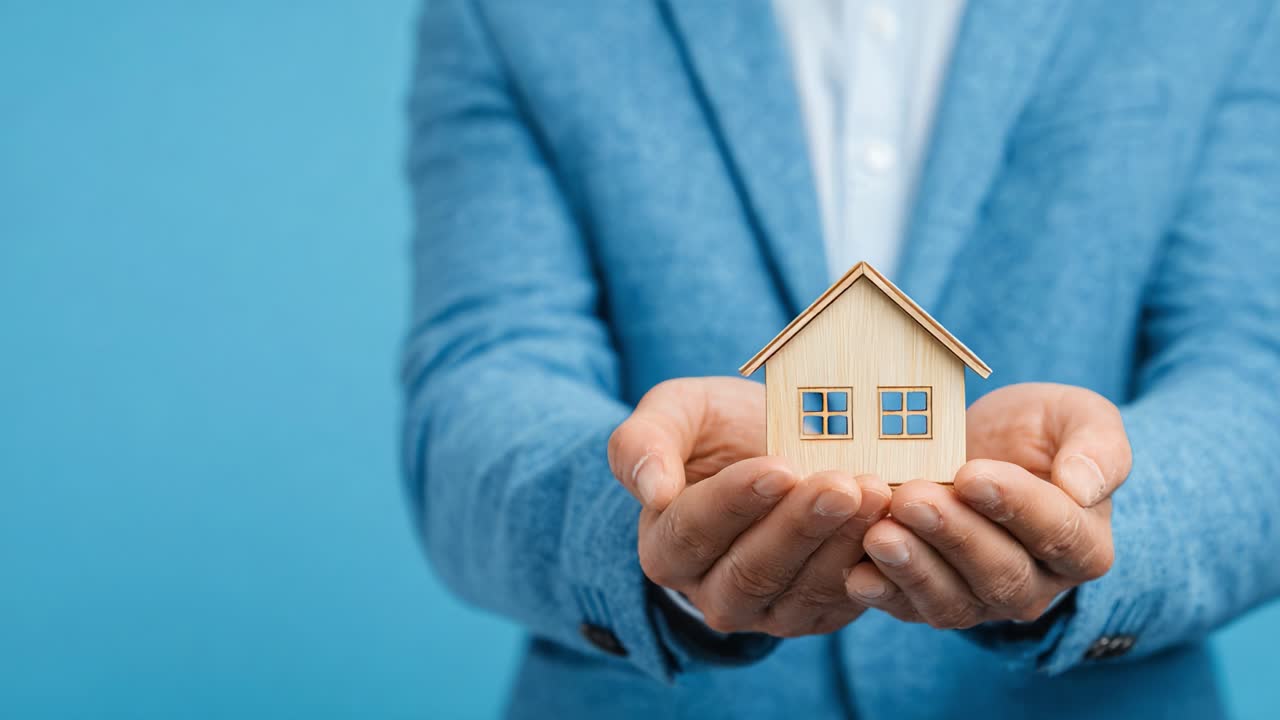 Una persona che tiene in mano un piccolo modello di casa in legno su uno sfondo blu, che simboleggia l'investimento immobiliare e la proprietà della casa.