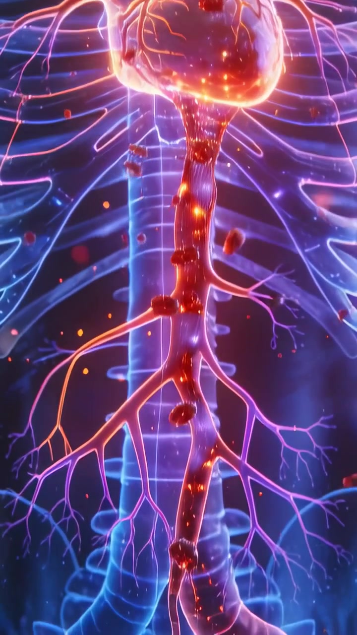 Vertical video: Pulsing heart and arteries ejecting red cells down descending aorta in chest cavity