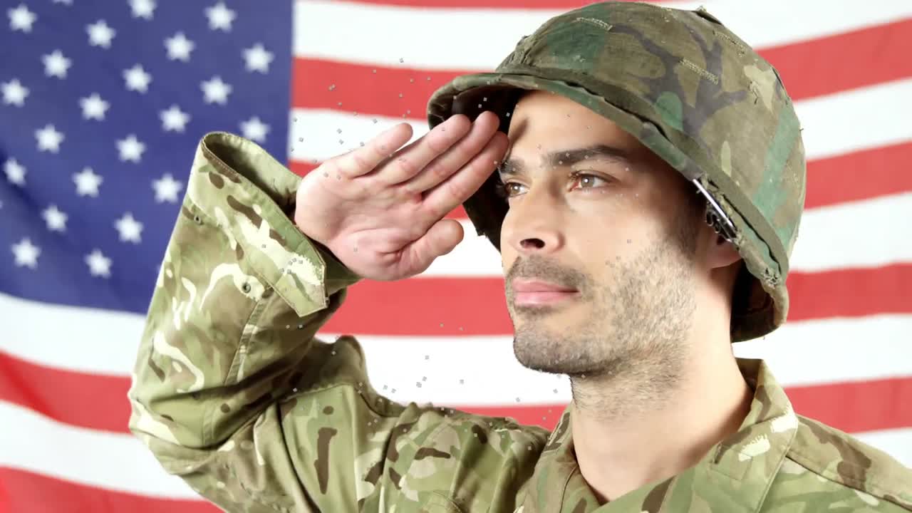 Animation of spots over biracial male soldier and flag of usa