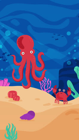 escena submarina con pulpo y cangrejo