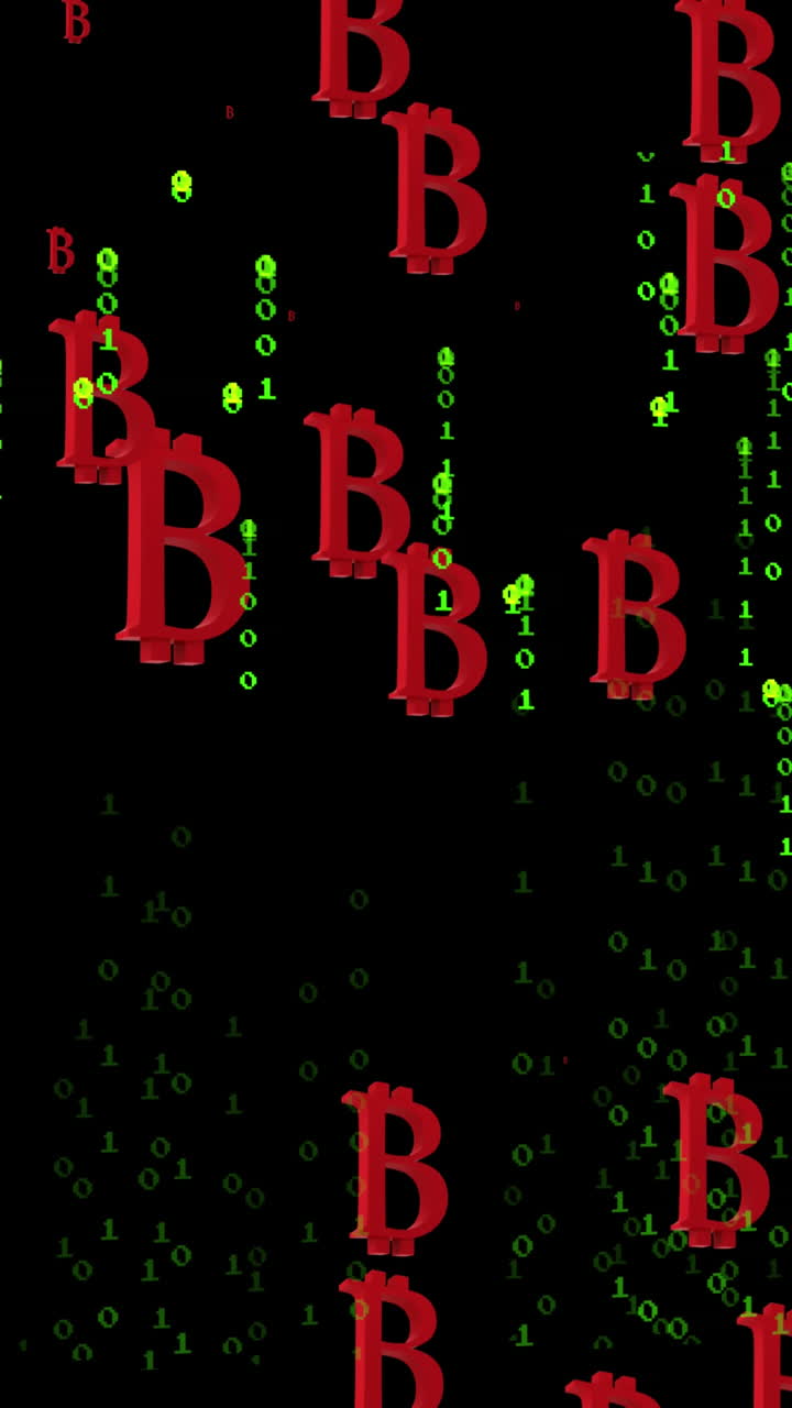 Animation of bitcoin symbols over black background with green letters