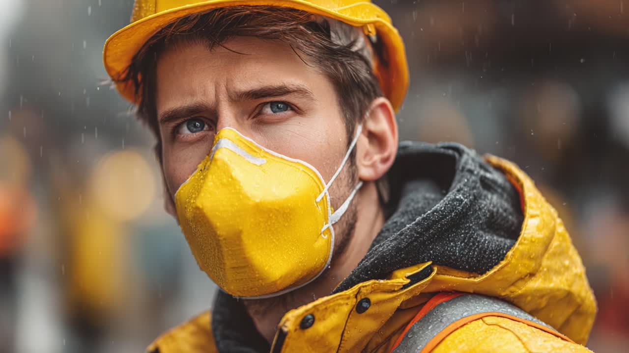 A focused construction worker wearing a yellow helmet and mask amidst a rainy backdrop, showcasing dedication to safety and resilience in challenging weather conditions