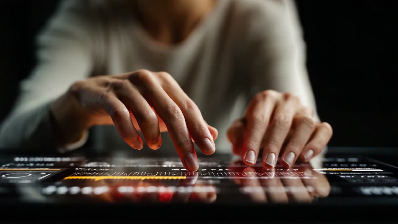 Engaging with Interactive Digital Interface: A Close-up of Hands Manipulating High-Tech Touchscreen Display with Graphical Data Visualization and User Interface Elements in a Modern Environment