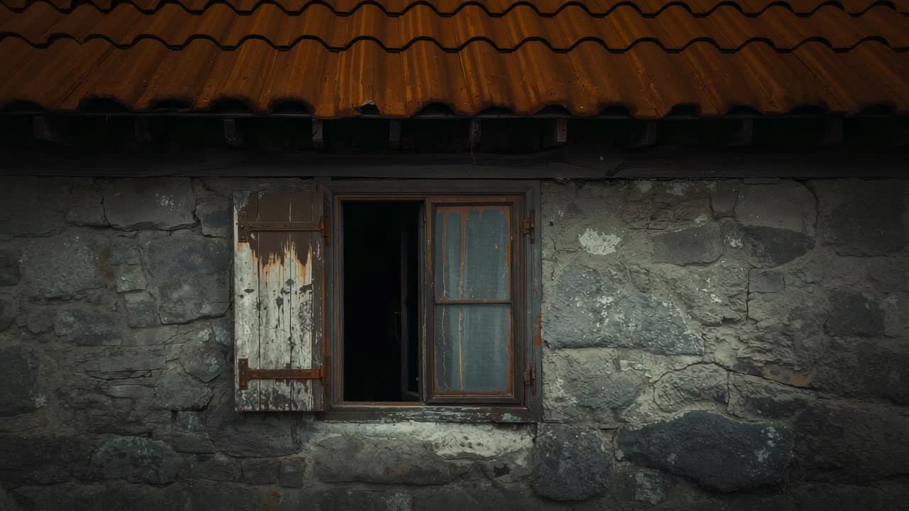 Shifting light casting shadows on rural stone cottage wall with wooden window shutters, rusty roof