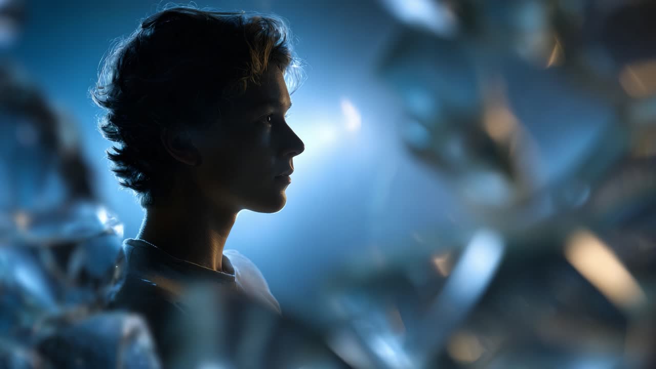 A Captivating Portrait of Contemplation and Reflection, Showcasing the Silhouette of a Young Individual Framed by Intriguing Shattered Glass Elements