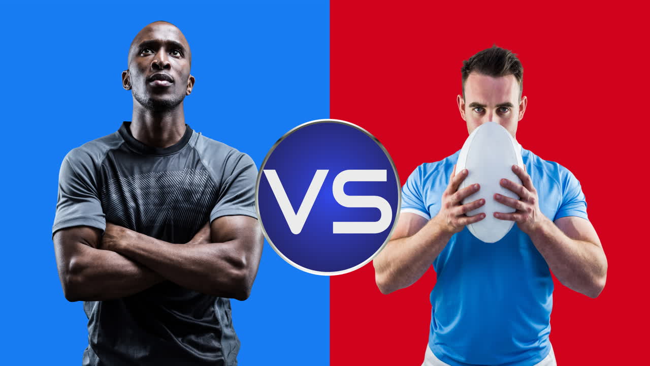 Animation of diverse male rugby players holding ball over blue and red background