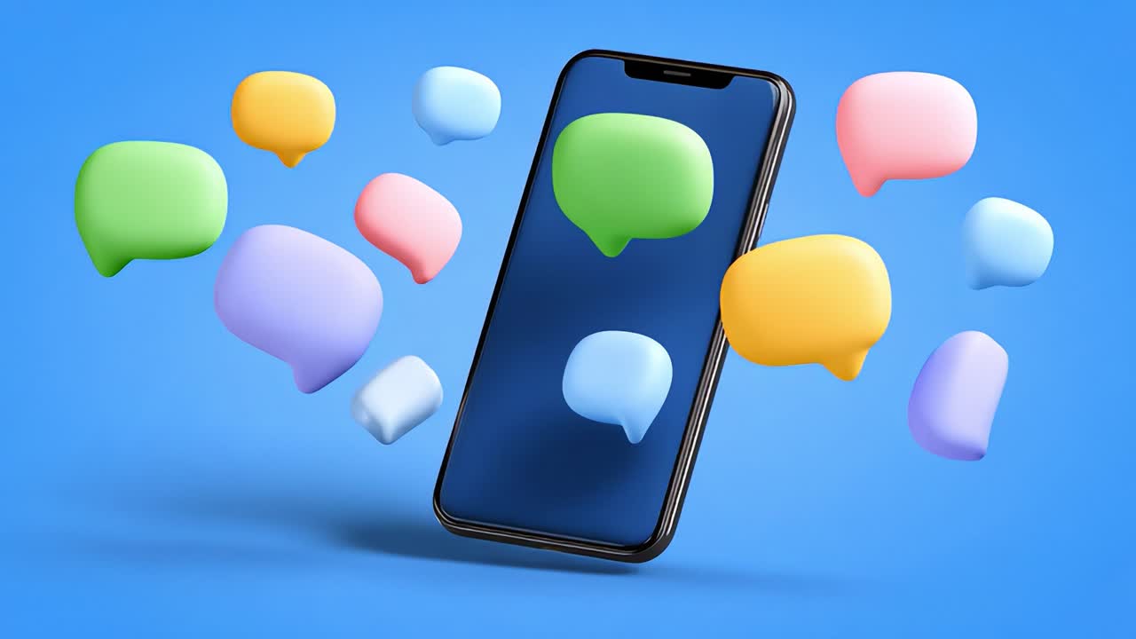 Dynamic Communication Imagery: A Smartphone Surrounded by Colorful Chat Bubbles Representing Modern Messaging Interaction in a Vibrant Blue Background