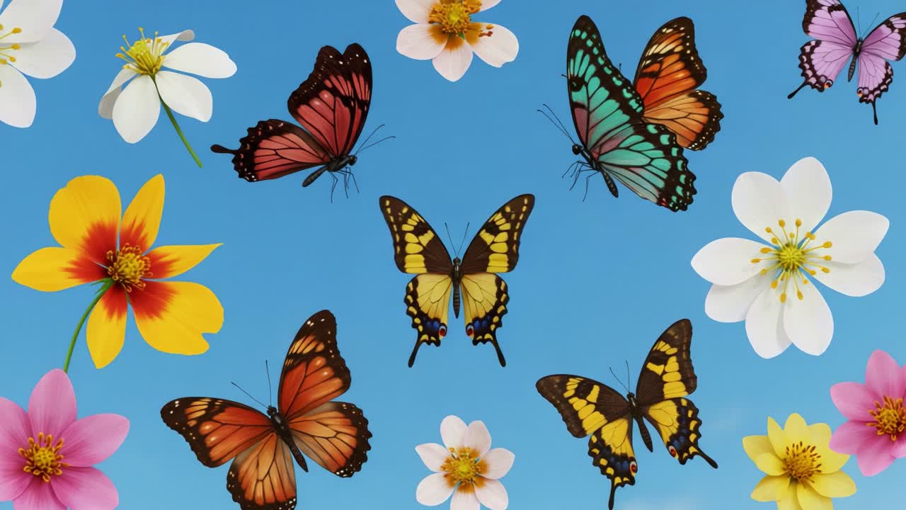 A Vibrant Display of Colorful Butterflies Dancing Among Diverse Flowers Against a Clear Blue Sky in an Exquisite Nature Scene