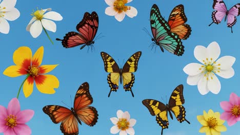 a vibrant display of colorful butterflies dancing among diverse flowers against a clear blue sky in an exquisite nature scene