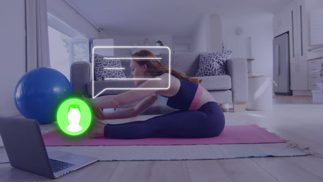 Practicing yoga at home, woman with animation of digital chat icons overlay