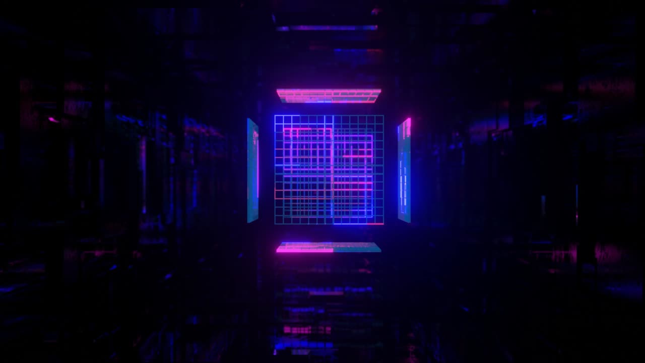 el objeto o estructura 3d gira y se mueve dentro del túnel de espejo de vidrio con luz de neón, reflejos brillantes. fantástico bg abstracto en bucle en 4k. vj bucle para el espectáculo. sci fi bg volar a través del túnel hi tech