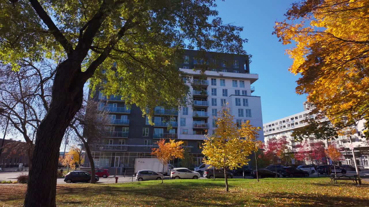 A picturesque street view in Plateau District with autumn trees and tranquil surroundings, buildings in backdrop
