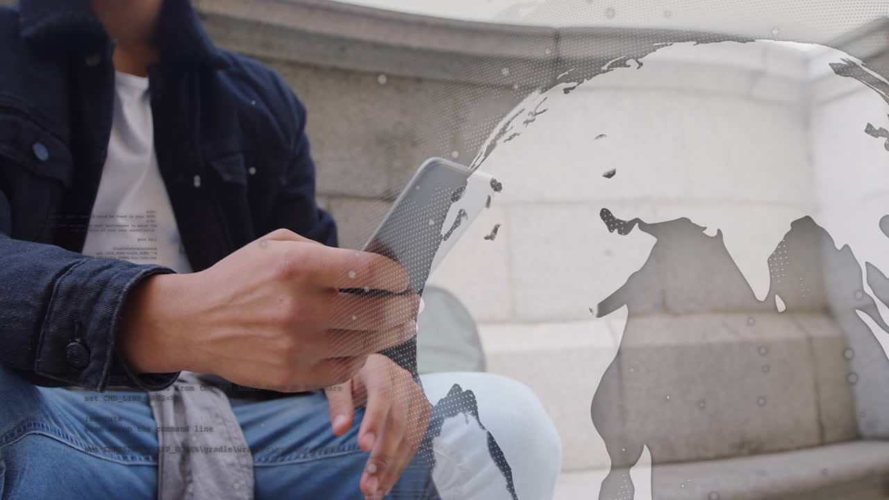 animación del globo y procesamiento de datos sobre el hombre caucásico usando un teléfono inteligente