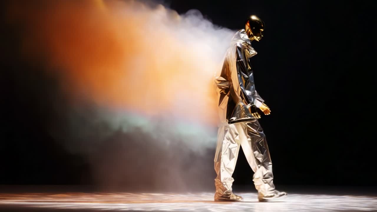 A captivating performance featuring a metallic figure shrouded in ethereal smoke, merging fashion and art in a dramatic display of movement and light amidst vibrant colors