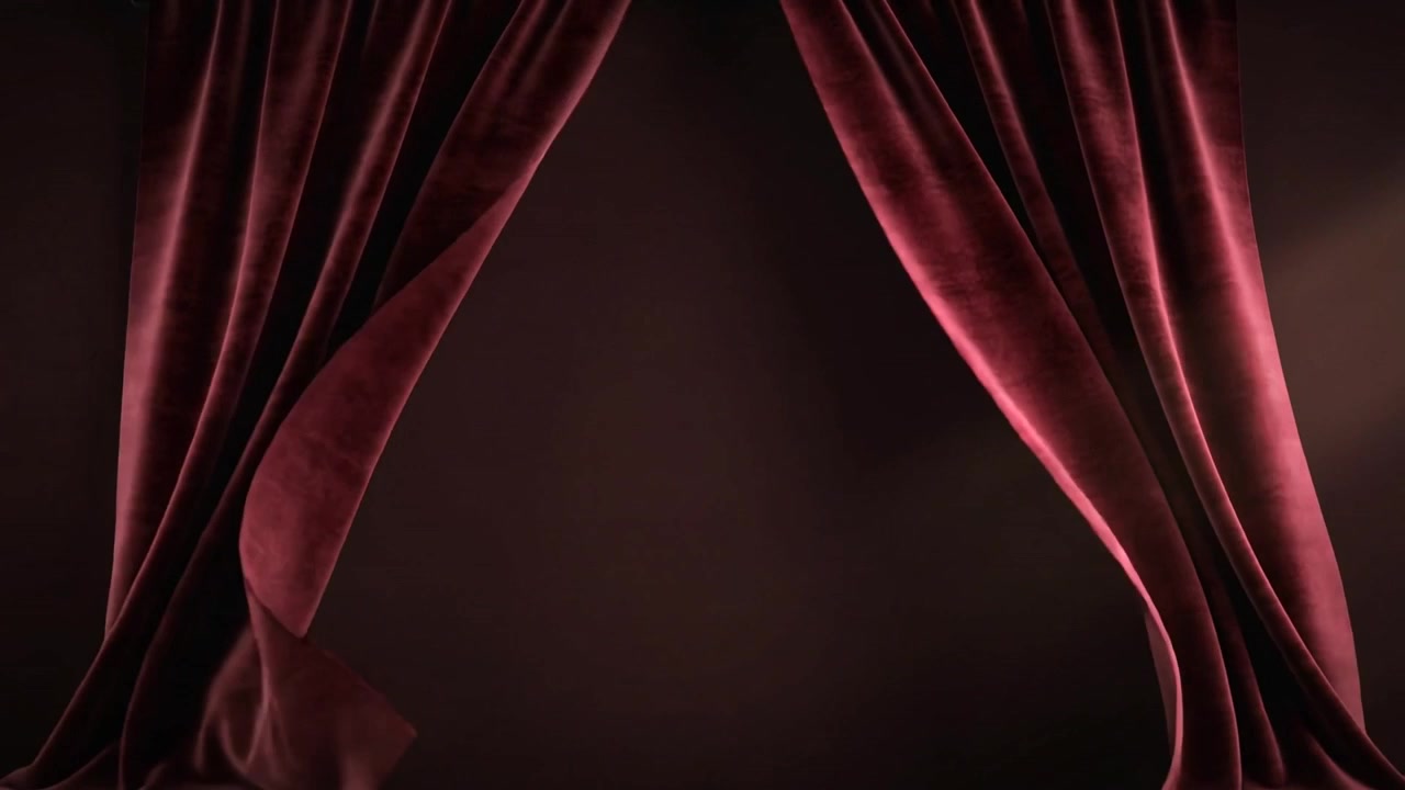 Tenda di velluto bordeaux che si apre rivelando un vuoto nero sul palco, poi si richiude con l'orlo e le luci.